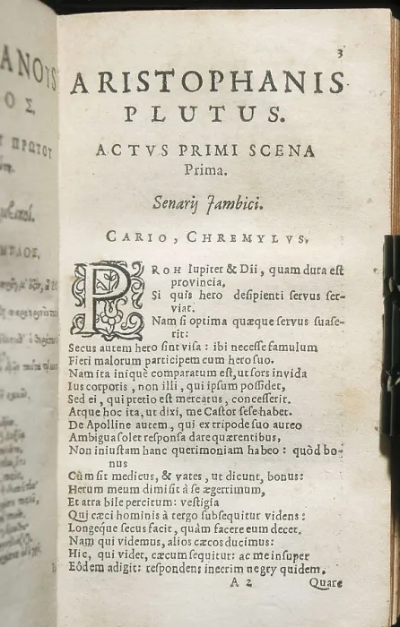 Framed Print : ARISTOPHANES (445-380 BC). First page from the play 'Plutus' or 'Wealth' of Aristophanes. Edition printed in Leyden in 1624
