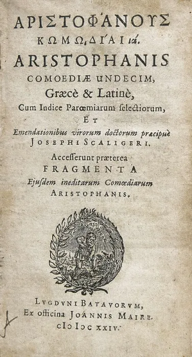 Framed Print : ARISTOPHANES (445-380 BC). Front page of the Plays of Aristophanes in Greek and Latin. Edition printed in Leyden in 1624. AISA / Everett Collection**US SALES ONLY** Framed Print : ARISTOPHANES (445-380 BC). Front page of the Plays of Aristophanes in Greek and Latin. Edition printed in Leyden in 1624. AISA / Everett Collection**US SALES ONLY**