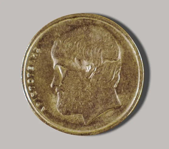 Framed Print : ARISTOTLE (384-332 BC). Greek coin with the effigy of Aristotle. Decorative Arts. AISA / Everett Collection**US SALES ONLY**