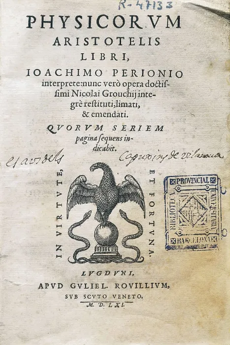 Framed Print : ARISTOTLE (384-332 BC). 'Physicorum'. frontispiece. Edition made in Lyon (1561). SPAIN. Barcelona. Biblioteca de Catalunya (National Library of Catalonia) Framed Print : ARISTOTLE (384-332 BC). 'Physicorum'. frontispiece. Edition made in Lyon (1561). SPAIN. Barcelona. Biblioteca de Catalunya (National Library of Catalonia)