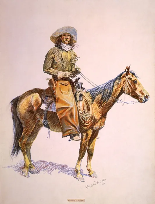 Framed Print : Arizona cow-boy on horseback. Pastel drawing by Frederic Remington, ca. 1900