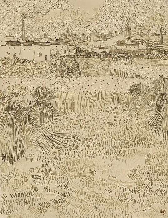 Framed Print : Arles: View from the Wheatfields, by Vincent van Gogh, 1888, Dutch drawing, pen and brown ink on paper. Farmers work in a field in the city of Arles Framed Print : Arles: View from the Wheatfields, by Vincent van Gogh, 1888, Dutch drawing, pen and brown ink on paper. Farmers work in a field in the city of Arles