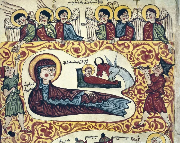 Framed Print : Armenian Gospel. The Adoration of the shepherds. 12th-13th c. Romanesque art. Miniature Painting. IRAN. Esfahan. Armenian Museum