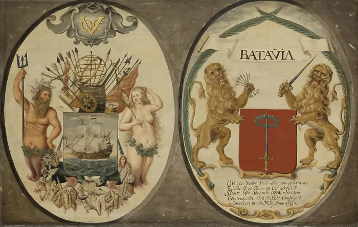Framed Print : The Arms of the Dutch East India Company and of the Town of Batavia, by Jeronimus Becx (II), 1651, Dutch painting, oil on panel Framed Print : The Arms of the Dutch East India Company and of the Town of Batavia, by Jeronimus Becx (II), 1651, Dutch painting, oil on panel