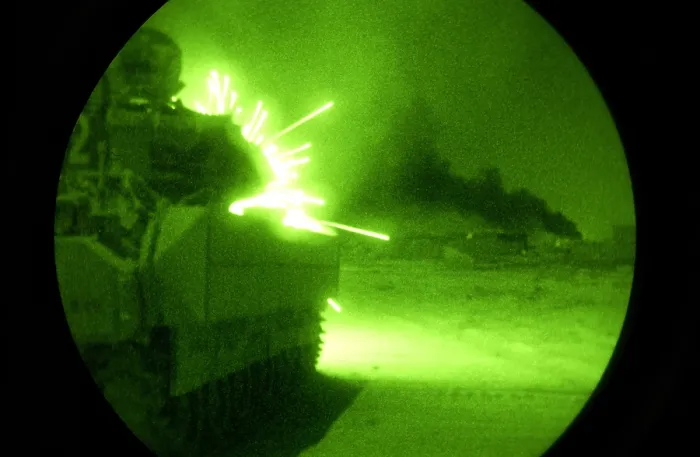 Framed Print : An Army Bradley Fighting Vehicle opens fire on anti-coalition forces during in Samarra Iraq on Sept. 30 2004. (BSLOC_2011_12_153) Framed Print : An Army Bradley Fighting Vehicle opens fire on anti-coalition forces during in Samarra Iraq on Sept. 30 2004. (BSLOC_2011_12_153)