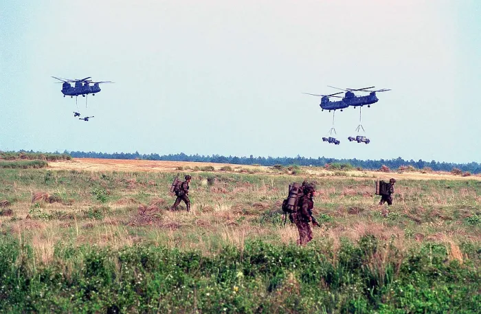 Framed Print : US Army Chinook CH-47's ferry in British Land Rovers during the helicopter insertion in exercise with British Royal Marines. Fort Bragg North Carolina. May 16 1996