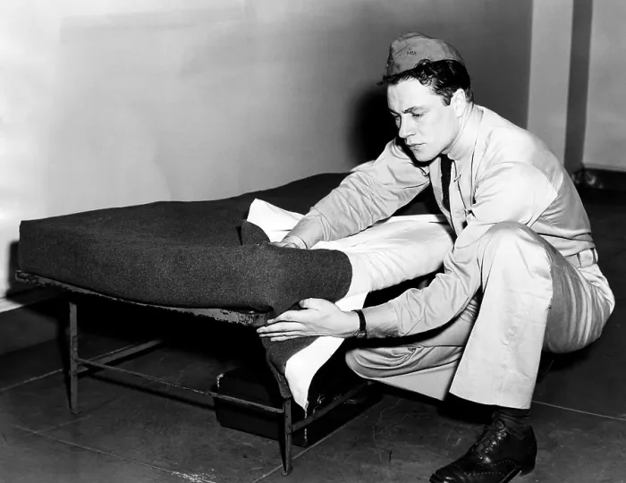 Framed Print : An army recruit learning how to make his bed in order to pass inspection, April, 1941.. Courtesy: CSU Archives / Everett Collection Framed Print : An army recruit learning how to make his bed in order to pass inspection, April, 1941.. Courtesy: CSU Archives / Everett Collection