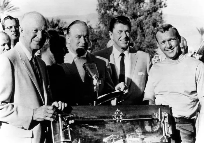 Framed Print : Arnold Palmer (right), receives the Bob Hope Desert Classic trophy after winning at Palm Springs in a sudden death playoff with Dean Beman. (L-R) former U.S. President Dwight D Framed Print : Arnold Palmer (right), receives the Bob Hope Desert Classic trophy after winning at Palm Springs in a sudden death playoff with Dean Beman. (L-R) former U.S. President Dwight D