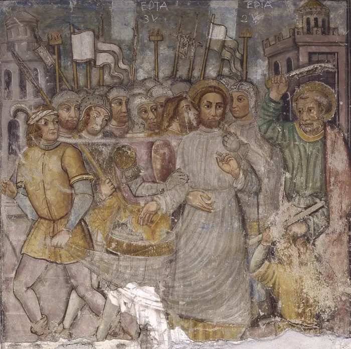 Framed Print : Arrest of Christ, by Unknown Artist, 11th Century, fresco - Italy, Lombardy, Provaglio d'Iseo, former Convent of Saint Peter in Lamosa. Whole artwork view