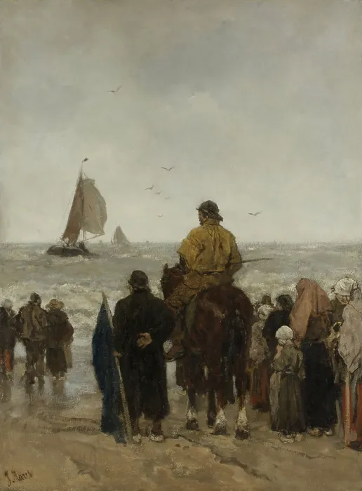 Framed Print : Arrival of the Boats, by Jacob Maris, 1884, Dutch painting, oil on canvas. At Scheveningen, beach at The Hague, the horse would haul the fishing ships onto the beach