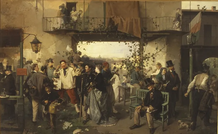 Framed Print : The Arrival of the Bulletin of the Peace of Villafranca (L'arrivo del bollettino della pace di Villafranca), by Domenico Induno, 1860-1863, 19th Century, oil on canvas
