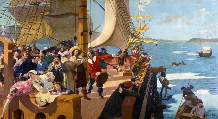 Framed Print : THE ARRIVAL OF CHAMPLAIN AT QUEBEC, by Henri Beau, 1904, painting, oil on canvas. This likely represents Champlains 1628 or 1633, voyage across the Atlantic Ocean to Quebec
