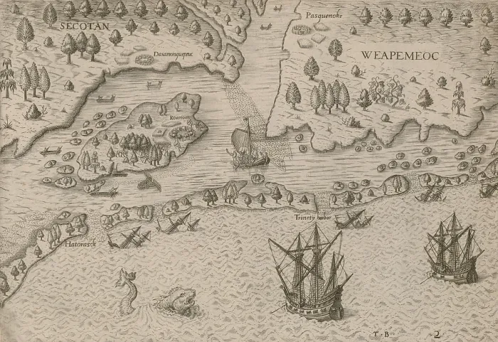 Framed Print : THE ARRIVAL OF THE ENGLISHMEN IN VIRGINIA, 1590 engraving published by Theodor De Bry, from a drawing by John White