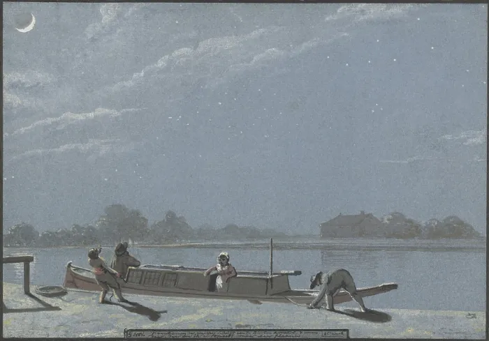 Framed Print : Arrival of an Orphan's Barge at Buitenamstel, by Christiaan Andriessen, c. 1805-08, Dutch watercolor painting
