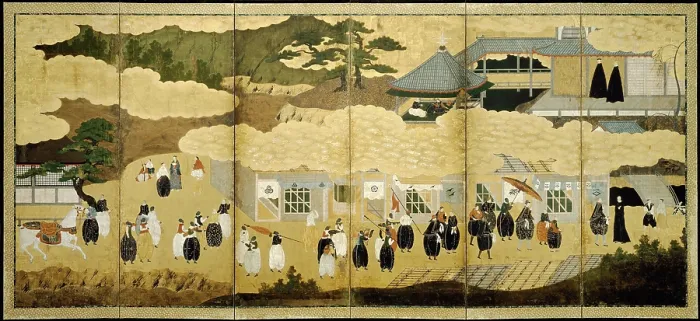 Framed Print : Arrival of a Portuguese Ship, by Anonymous Japanese artist, c. 1600-25, painted paper screen Framed Print : Arrival of a Portuguese Ship, by Anonymous Japanese artist, c. 1600-25, painted paper screen
