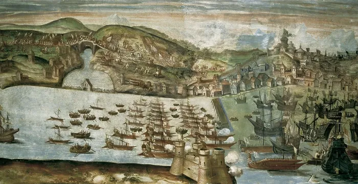 Framed Print : Arrival of the Spanish squadron to Lisbon under the commandment of Don Alvaro de Bazn. Fresco. AISA / Everett Collection**US SALES ONLY**
