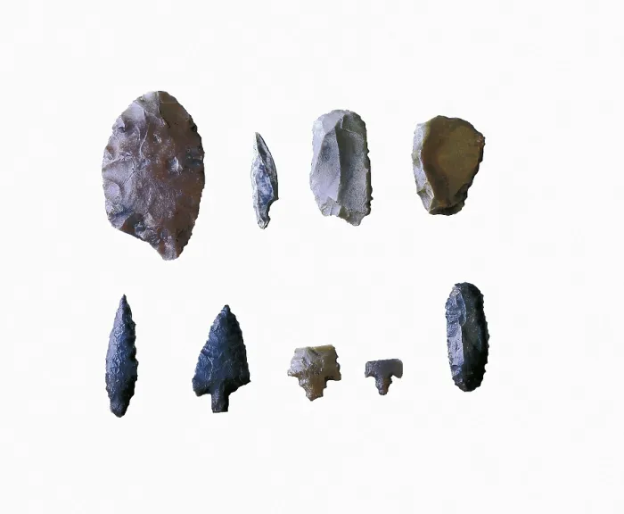 Framed Print : Arrow tips. Upper Paleolithic. Gravettian. Proc: SPAIN. VALENCIA. Barx. Parpall Cave. AISA / Everett Collection**US SALES ONLY**