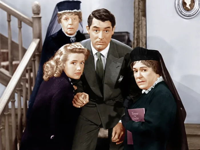 Framed Print : ARSENIC AND OLD LACE, from left: Priscilla Lane, Jean Adair (back), Cary Grant, Josephine Hull, 1944 Framed Print : ARSENIC AND OLD LACE, from left: Priscilla Lane, Jean Adair (back), Cary Grant, Josephine Hull, 1944