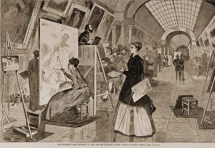 Framed Print : Art-students and copyists, among them many women, in the a long, sky-lit gallery of Louvre Museum in Paris