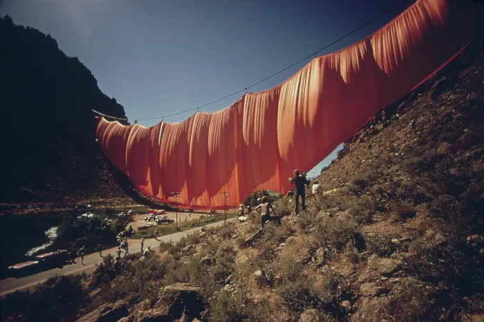 Framed Print : Artist Christo's 400 meter six-ton orange curtain across Rifle Gap in Colorado. The first installation on October 10 1971 was shredded by canyon winds