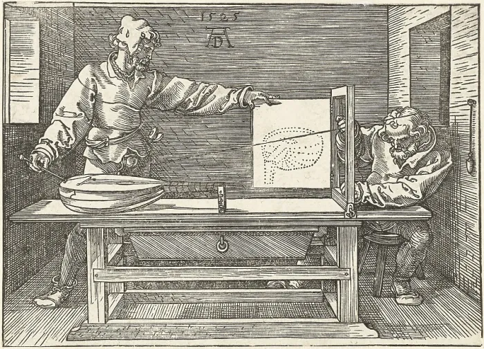 Framed Print : An Artist Draws a Lute, by Albrecht Durer, 1525, print, engraving. Artist conducting an experiment in rendering a lute in linear perspective (BSLOC_2016_2_124)
