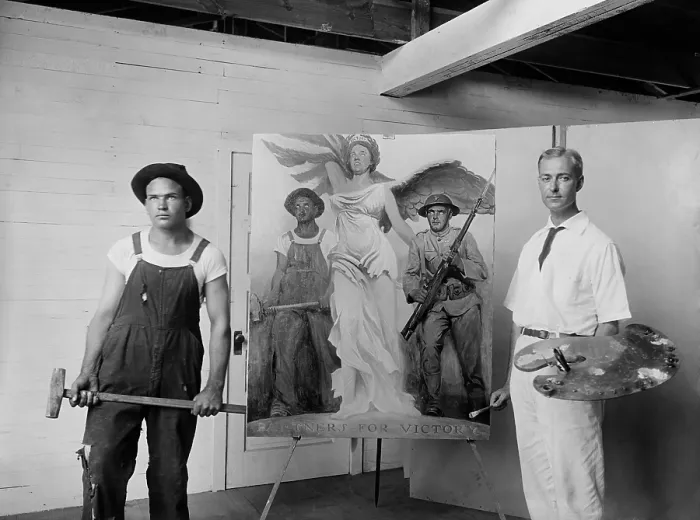 Framed Print : Artist Gerrit Beneker with war poster and his model in 1918. (BSLOC_2012_4_25)