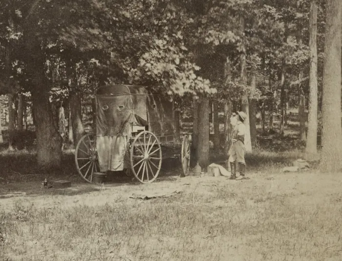 Framed Print : Our Artist at Manassas, depicts one of Mathew Brady's photographers outside a mobile dark rooms used to develop photographs in the field