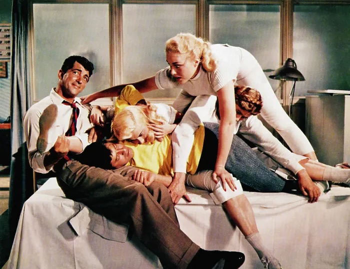 Framed Print : ARTISTS AND MODELS, Dean Martin (left), Jerry Lewis (bottom), Anita Ekberg (top), 1955