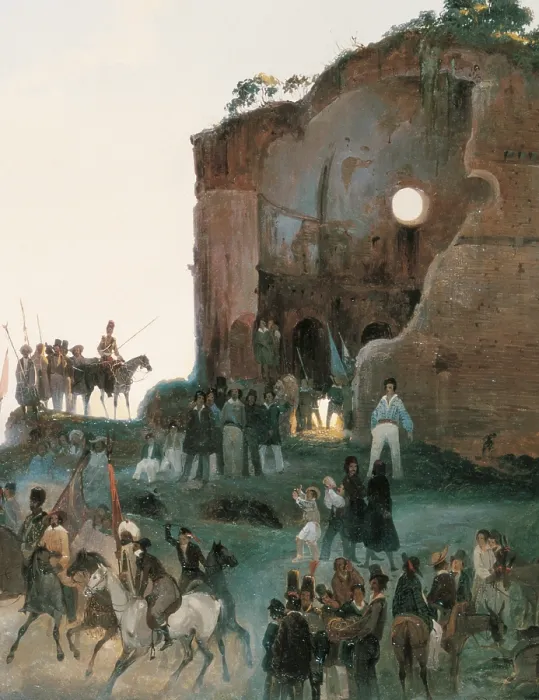 Framed Print : The Artists Party near Tor de Schiavi, by Ippolito Caffi, 1844, 19th Century, oil on canvas, cm 82 x 149 - Italy, Lazio, Rome, Museum of Rome. Detail
