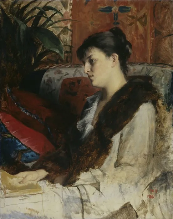 Framed Print : The Artist's Sister-in-law, by Marie Constantine Bashkirtseff, 1881, Dutch painting, oil on canvas. Alexandrine Patchenko sitting on a sofa with a book in her right hand