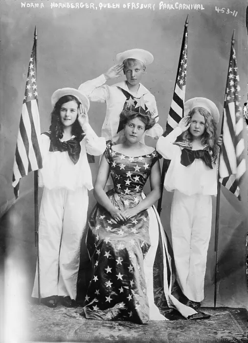 Framed Print : Asbury Park, Norma Hornberger (front center), queen of the Asbury Park Carnival, surrounded by three saluting children, New Jersey, August 24, 1908 Framed Print : Asbury Park, Norma Hornberger (front center), queen of the Asbury Park Carnival, surrounded by three saluting children, New Jersey, August 24, 1908