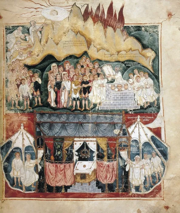 Framed Print : Ashburnam Pentateuch or Tours Pentateuch. 5th-6th c. Representation of Moses in the Mount Sinaithe Tables of the Law and the tabernacle. Visigothic art. Miniature Painting