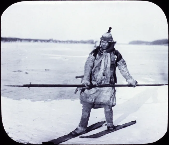 Framed Print : Asia, goldi hunter on skis on ice, lantern slide, photograph by William Henry Jackson, 1895