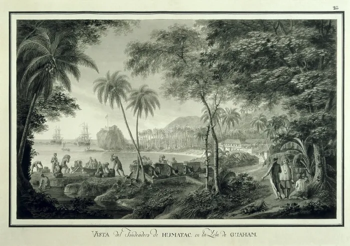 Framed Print : Asia. Pacific Island. Expedition of Malaspina (1789-1794). Anchorage of Umatac in Guam Island. Feather drawing by Fernando Brambila. Drawing. SPAIN. Madrid. America's Museum
