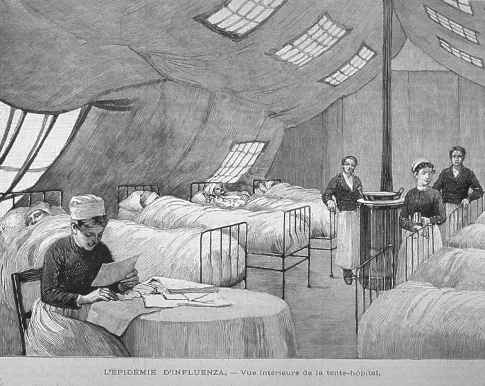Framed Print : Asian Flu epidemic of 1889-90. In Paris, patients are treated in a supplemental tent hospital. A nurse attends to several patients during the winter of 1889-90