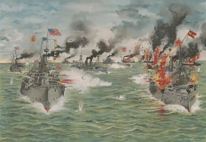 Framed Print : US Asiatic Squadron delivers the last broadside to the Spanish Pacific fleet, May 1, 1898. The Spanish fleet, was outgunned and out-armored by the U.S Framed Print : US Asiatic Squadron delivers the last broadside to the Spanish Pacific fleet, May 1, 1898. The Spanish fleet, was outgunned and out-armored by the U.S
