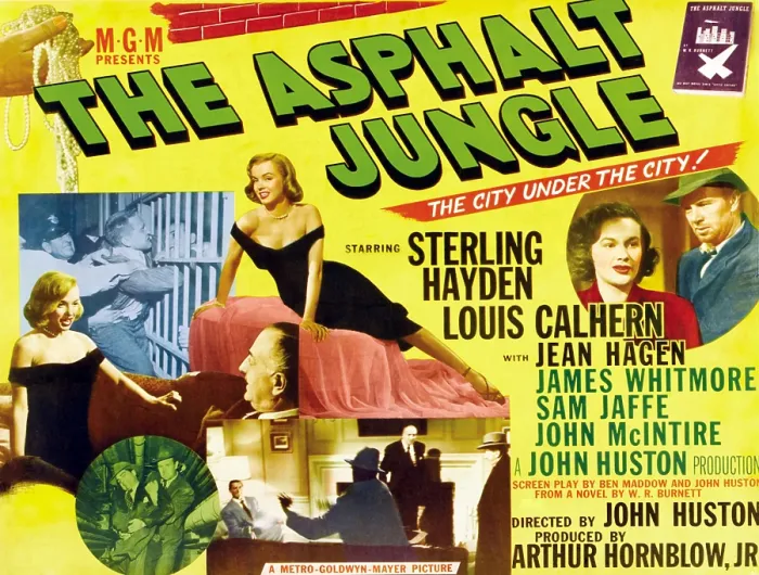 Framed Print : THE ASPHALT JUNGLE, from upper left: James Whitmore (at bars); Marilyn Monroe (in black dress, twice), Louis Calhern; round inset: Anthony Caruso Framed Print : THE ASPHALT JUNGLE, from upper left: James Whitmore (at bars); Marilyn Monroe (in black dress, twice), Louis Calhern; round inset: Anthony Caruso