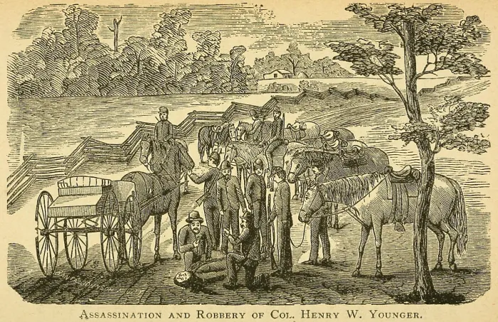 Framed Print : Assassination of Colonel Henry Washington Younger, the father of the Confederate guerilla, Cole Younger, on July 20, 1862