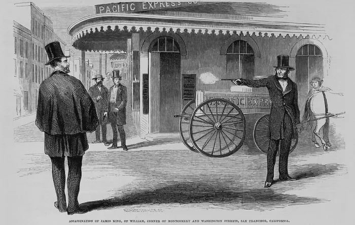 Framed Print : Assassination of James King, newspaper editor and former member of the first San Francisco Vigilance Committee (formed and disbanded in 1851), by James P. Casey Framed Print : Assassination of James King, newspaper editor and former member of the first San Francisco Vigilance Committee (formed and disbanded in 1851), by James P. Casey