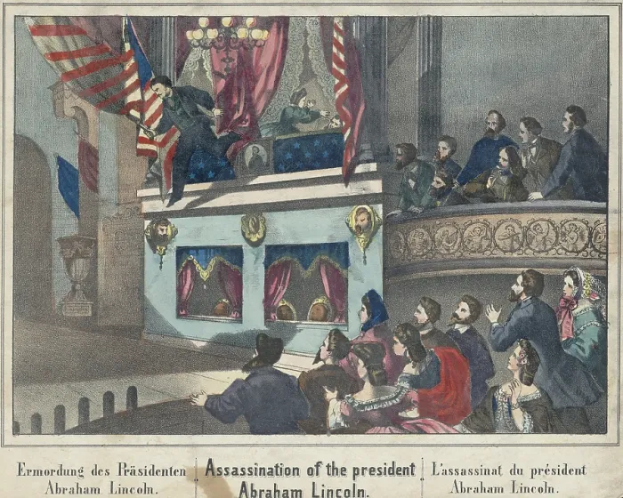 Framed Print : The Assassination of President Lincoln. The assassin, John Wilkes Booth, jumps from the Presidential box onto the stage of Ford's Theater
