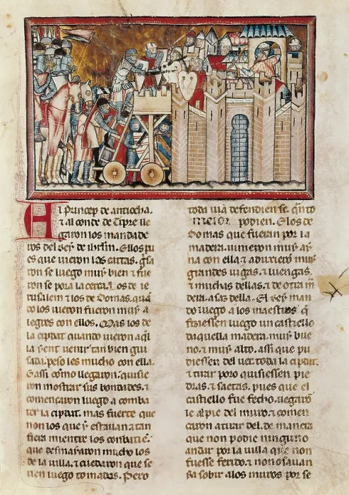 Framed Print : Assault on a castle. Illustration on 'Gran Conquista de Ultramar'. 1291-95 Framed Print : Assault on a castle. Illustration on 'Gran Conquista de Ultramar'. 1291-95