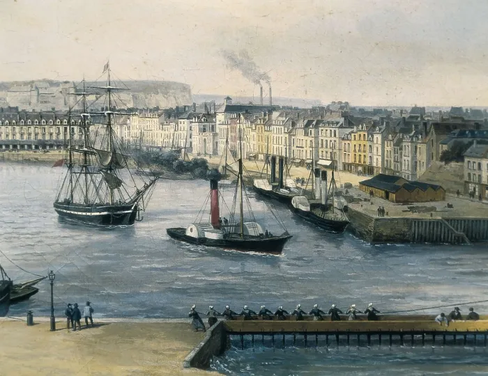 Framed Print : ASSELINEAU, Leon Auguste (1808-1889). Port of Dieppe and Pollet Cliffs around 1860. 1869. Oil on canvas. FRANCE. Dieppe. Dieppe Castle Museum Framed Print : ASSELINEAU, Leon Auguste (1808-1889). Port of Dieppe and Pollet Cliffs around 1860. 1869. Oil on canvas. FRANCE. Dieppe. Dieppe Castle Museum