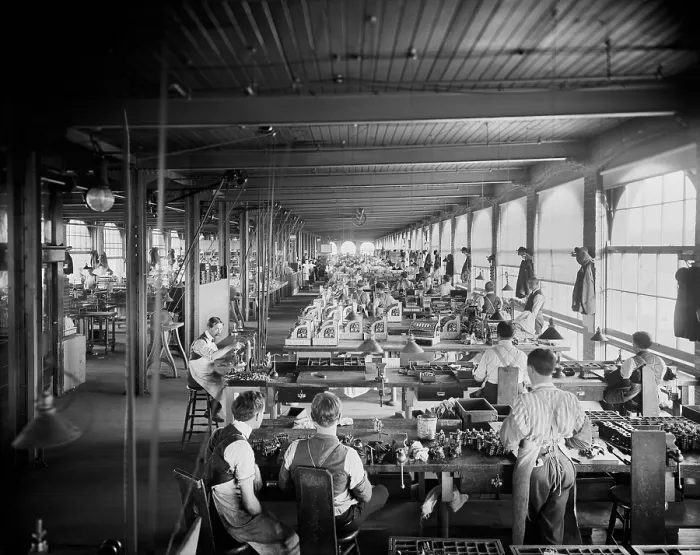 Framed Print : Assembling department, National Cash Register, Dayton, Ohio demonstrates mass production of precisely made complex products achieved during the 19th century