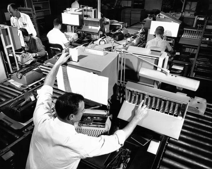Framed Print : The assembly line at IBM's Lexington, Kentucky, typewriter plant. Each inspector reports typewriter defects to the central processor