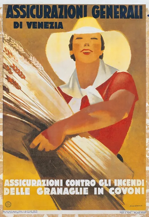 Framed Print : Assicurazioni Generali di Venezia (against sheaf wheat fires), by Marcello Dudovich, 20th Century, print, - private collection Framed Print : Assicurazioni Generali di Venezia (against sheaf wheat fires), by Marcello Dudovich, 20th Century, print, - private collection