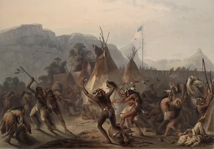 Framed Print : Assiniboine and Cree Indians attack a Blackfoot encampment at Fort McKenzie on August 28, 1833 Framed Print : Assiniboine and Cree Indians attack a Blackfoot encampment at Fort McKenzie on August 28, 1833