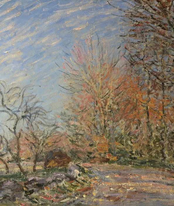 Framed Print : Assisi Upper Church, by Alfred Sisley, 1885, 19th Century, oil on canvas, cm 60 x 73 - Russia, Moscow, Pushkin Museum. Detail. Forest trees trunks branches sky