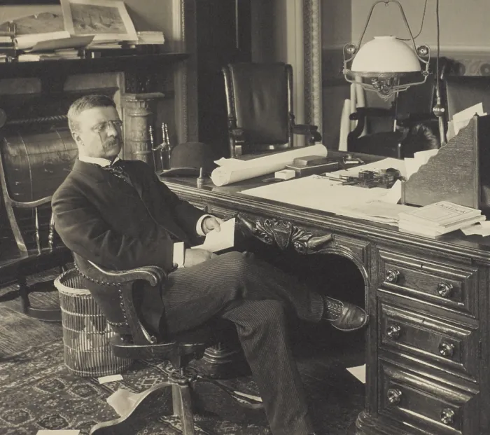 Framed Print : Assistant Secretary of the Navy, Theodore Roosevelt at his desk, 1897-98. On the floor are discarded documents, appear in other office portraits of TR (BSLOC_2017_4_99)