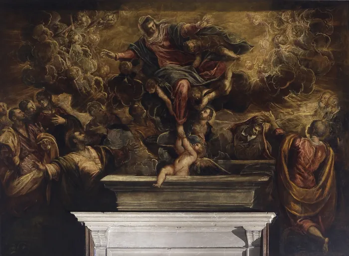 Framed Print : Assumption of the Virgin (Assunzione della Vergine), by Jacopo Robusti known as Tintoretto, 1583, 16th Century, oil on canvas. - Italy, Veneto, Venice, Scuola Grande di San Rocco