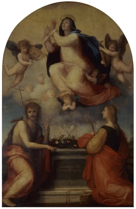 Framed Print : Assumption of the Virgin with Saint John the Baptist and Saint Catherine of Alessandria (Assunzione della Vergine), by Baccio della Porta known as Fra Bartolomeo, 1516